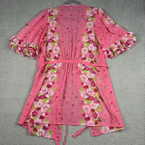 Betsey Johnson Intimates Robe XS/S Pink Floral Ruffle Wrap Babydoll Bath Y2K - Picture 5 of 5
